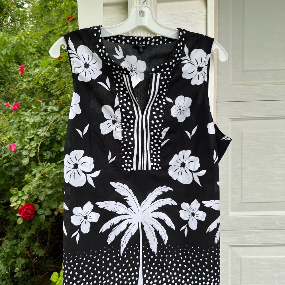 NWT Talbots Fun Black Floral Palm Trees Sleeveless Cotton Blouse